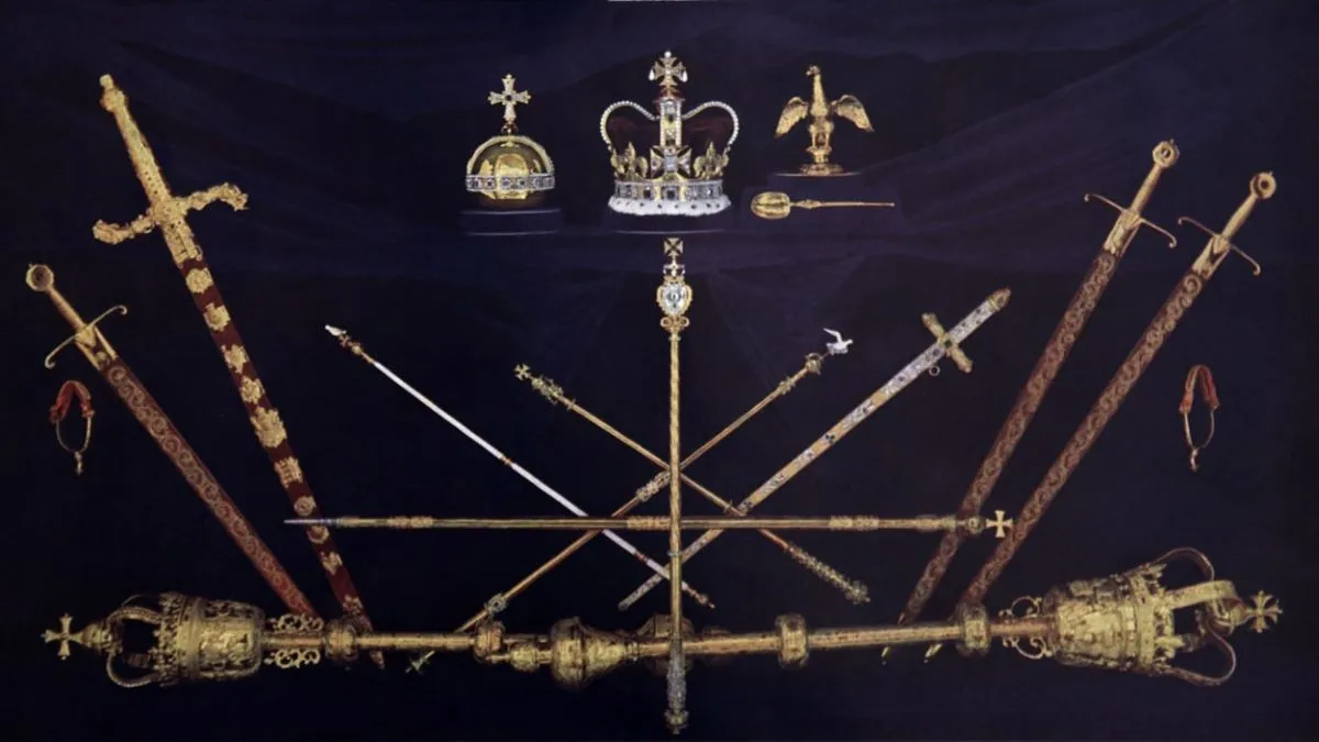 Coronation ceremony regalia at the time of the coronation of King George V 1910. Imperial Crown, Crown of St Edward, Royal Sceptre, Orb or Mound, Ampulla or Eagle containing the Oil of Anointing, St Georges Spurs, the Cartana, or Sword of Mercy, the State Sword, the State Sword of Offering, Sword of Temporal Justice, Sword of Spiritual Justice, St Edwards Staff, Ivory Sceptre, Sceptre with the Cross, Sceptre with the Dove, Maces of the Sergeants-at-Arms. (Photo by Culture Club/Getty Images)
