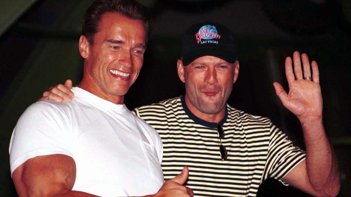 LAS VEGAS, NV - JULY 25, 1994: (FILE PHOTO) Actors Arnold Schwarzenegger (L) and actor Bruce Willis attend the opening of Planet Hollywood July 25, 1994 in Las Vegas, Nevada. Schwarzenegger filed candidacy papers for the California governor's race August 9, 2003 in Los Angeles, California.