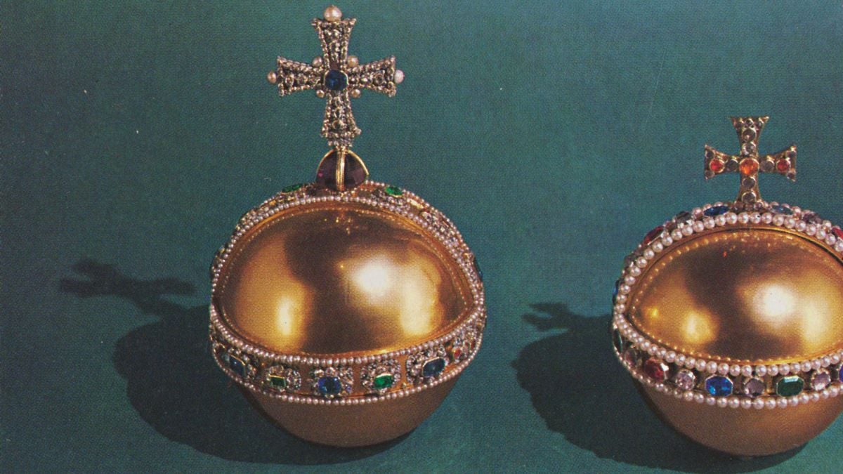 The Sovereign's Orb was commissioned for the coronation of Charles II (1661). The Queen Mary II's Orb was commissioned for the coronation of Mary II (1689). They are part of the Royal Collection at the Tower of London. From The Crown Jewels, by Martin Holmes FSA. [Her Majesty's Stationery Office, London, 1953]Artist Unknown. (Photo by The Print Collector/Getty Images)