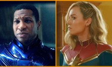 Jonathan Majors as Kang in the Conqueror in 'Quantumania' and Brie Larson as Captain Marvel in 'The Marvels'