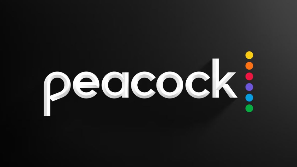 The word "Peacock" is seen next to multi-colored dots on a black background.