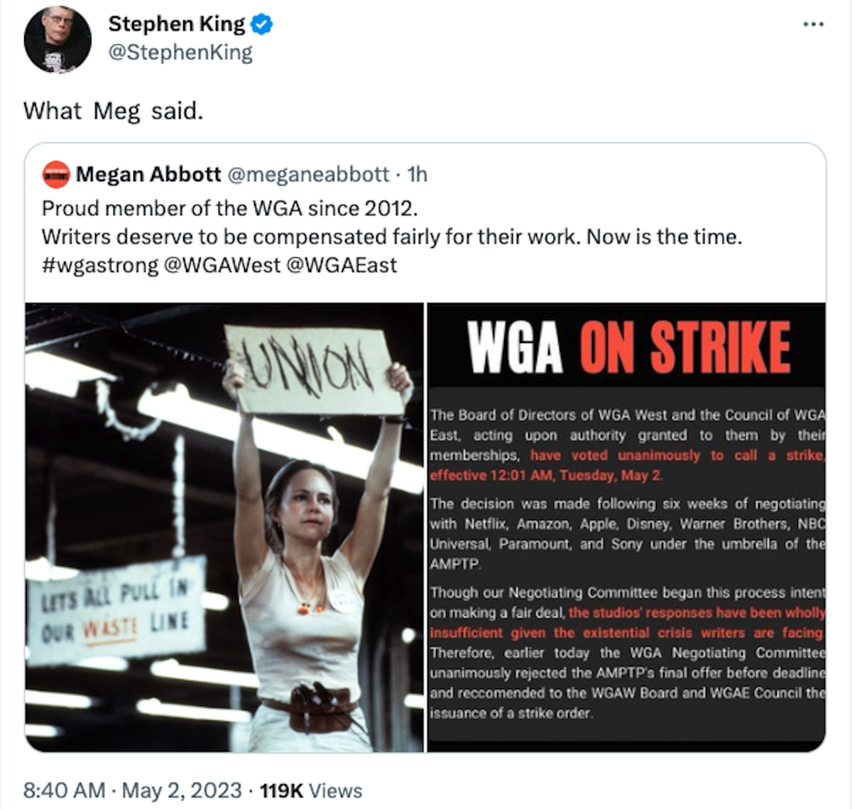 Screenshot of a post from Stephen King's Twitter