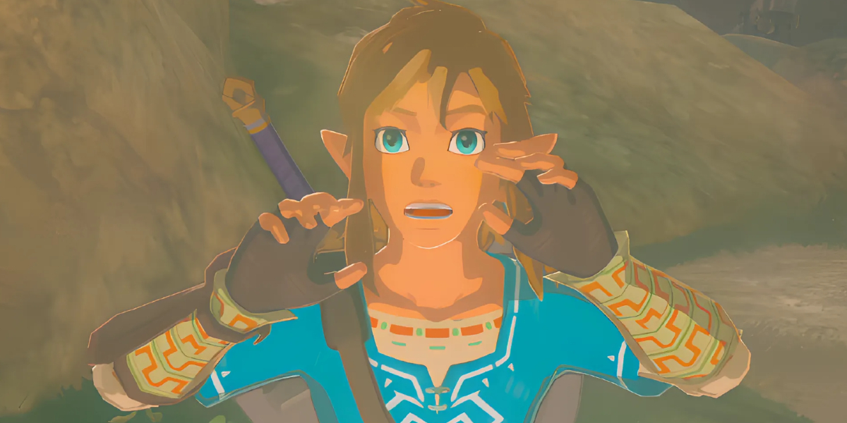 Link in The Legend of Zelda: Tears of the Kingdom looking shocked