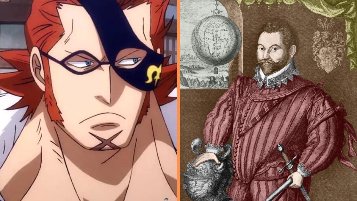 One Piece's X-Drake and Colorized illustration (after an engraving by Henry Hondius, circa 1577) depicts English explorer Sir Francis Drake (1540 - 1596), circa 1577. 