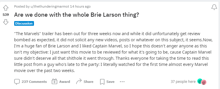 Brie Larson Reddit post