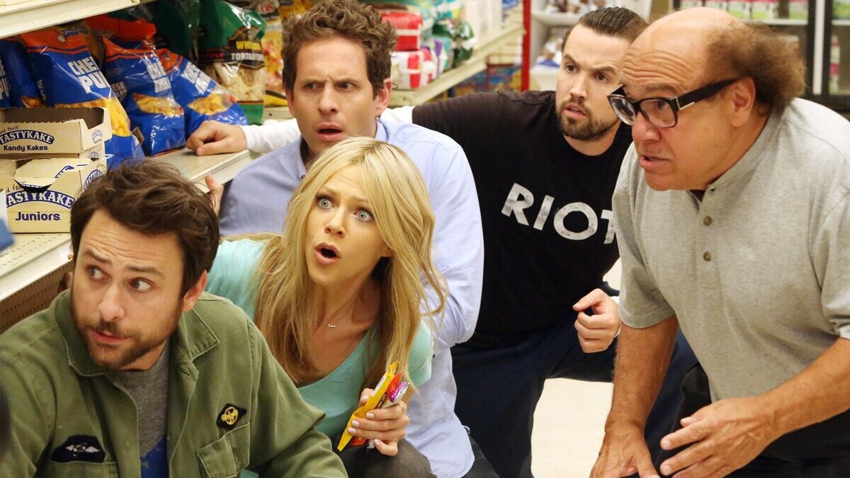 Charlie Day as Charlie, Kaitlin Olson as Dee, Glenn Howerton as Dennis, Rob McElhenney as Mac, and Danny DeVito as Frank in 'It's Always Sunny in Philadelphia'