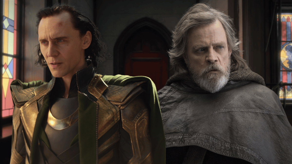 Loki (Tom Hiddleston) and Luke Skywalker (Mark Hamill) against 'The Haunting of Hill House's red door