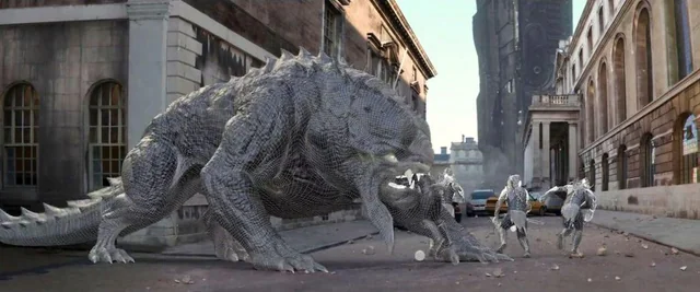 The frost beast from Marvel is chasing birds in a city.