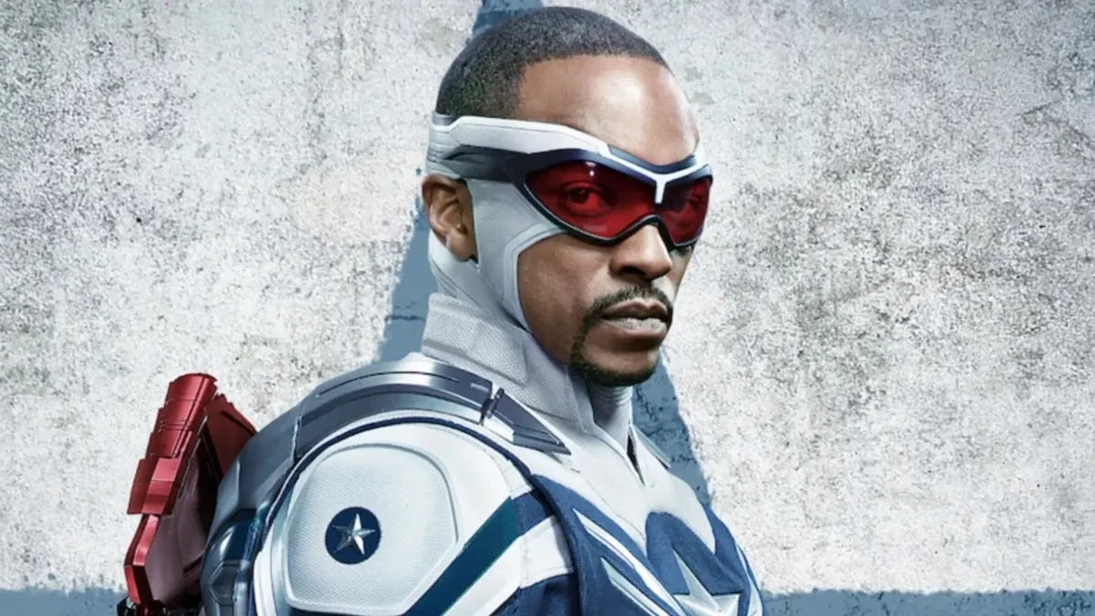 Anthony Mackie as Captain America in The Falcon and the Winter Soldier character poster.