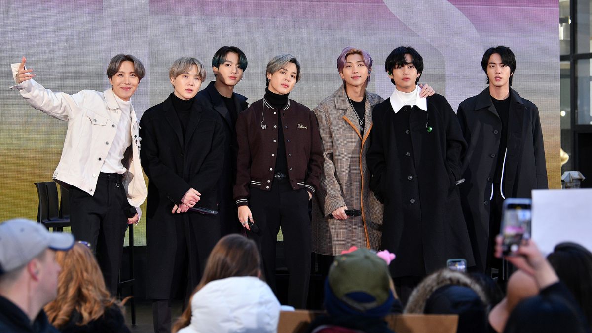 NEW YORK, NEW YORK - FEBRUARY 21: (L-R) J-Hope, SUGA, Jungkook, Jimin, RM, V, and Jin of the K-pop boy band BTS visit the "Today" Show at Rockefeller Plaza on February 21, 2020 in New York City.