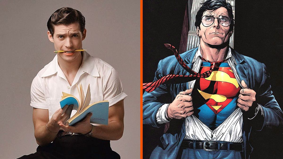 Photo montage of David Corenswet and Clark Kent/Superman.