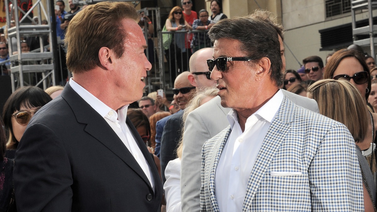 HOLLYWOOD, CA - JUNE 28: Actors Arnold Schwarzenegger and Sylvester Stallone arrive for the premiere of Paramount Pictures' "Terminator Genisys" held at Dolby Theatre on June 28, 2015 in Hollywood, California.
