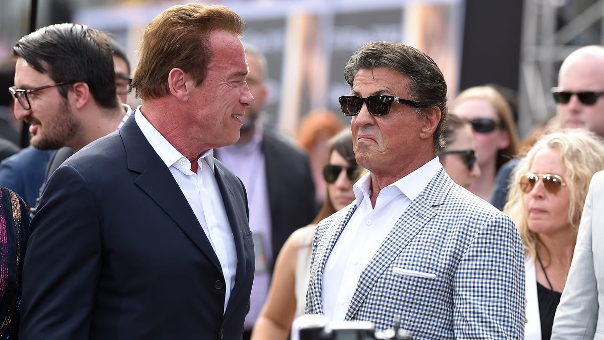 HOLLYWOOD, CA - JUNE 28: Actors Arnold Schwarzenegger and Sylvester Stallone arrive at the Los Angeles premiere of 'Terminator Genisys' at Dolby Theatre on June 28, 2015 in Hollywood, California.