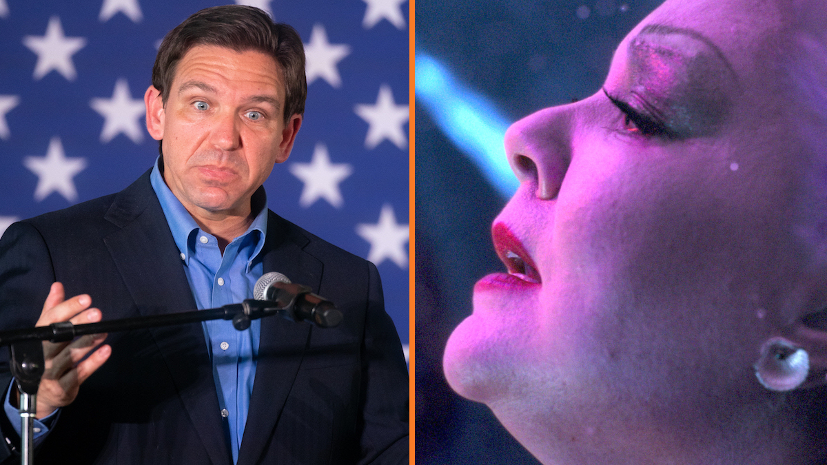 Split screen of Ron DeSantis and Melissa McCarthy as Ursula in The Little Mermaid