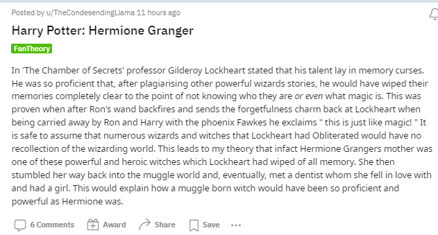 Postagem no Reddit de Harry Potter