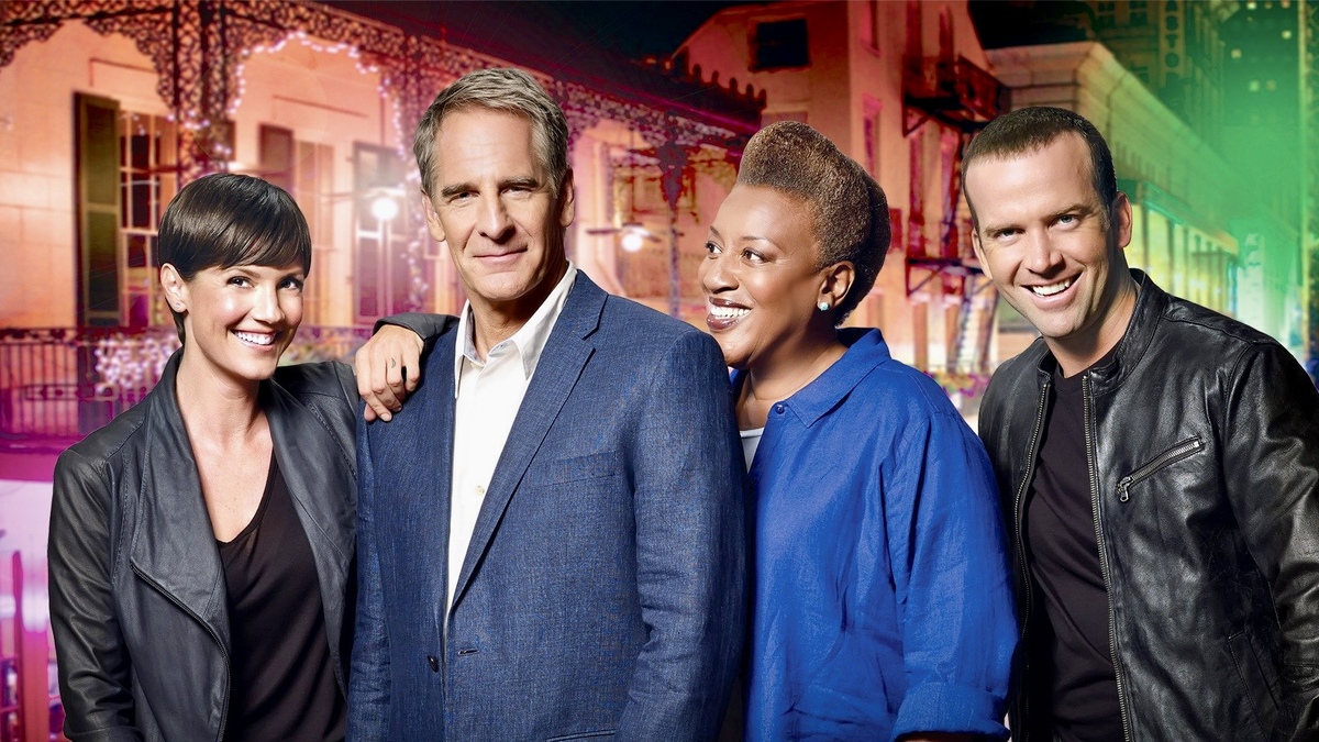 NCIS: New Orleans characters Dwayne Pride, Christopher LaSalle, Loretta Wade, and Meredith Brody smiling