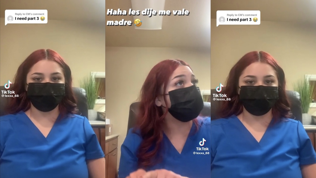 Screengrabs from a TikTok posted by @lexxa_88 wearing scrubs at the reception of a medical center.