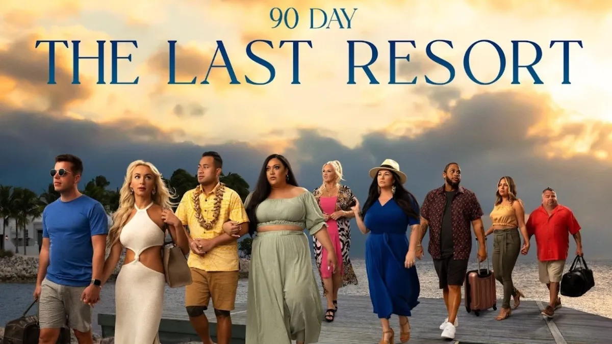 Cast and official poster of '90 Day Fiancé: The Last Resort' on the boardwalk to resort