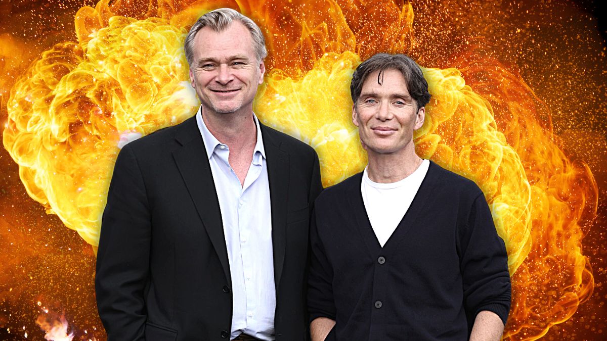 Photo edit of Christopher Nolan and Cillian Murphy standing in front of a background of fire.