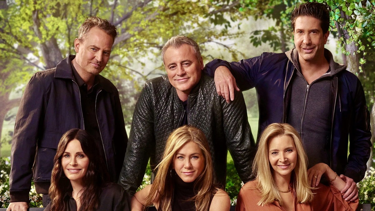 The cast of “Friends” pose for a photo on a promotional poster for the “Friends Reunion Special” on Max.