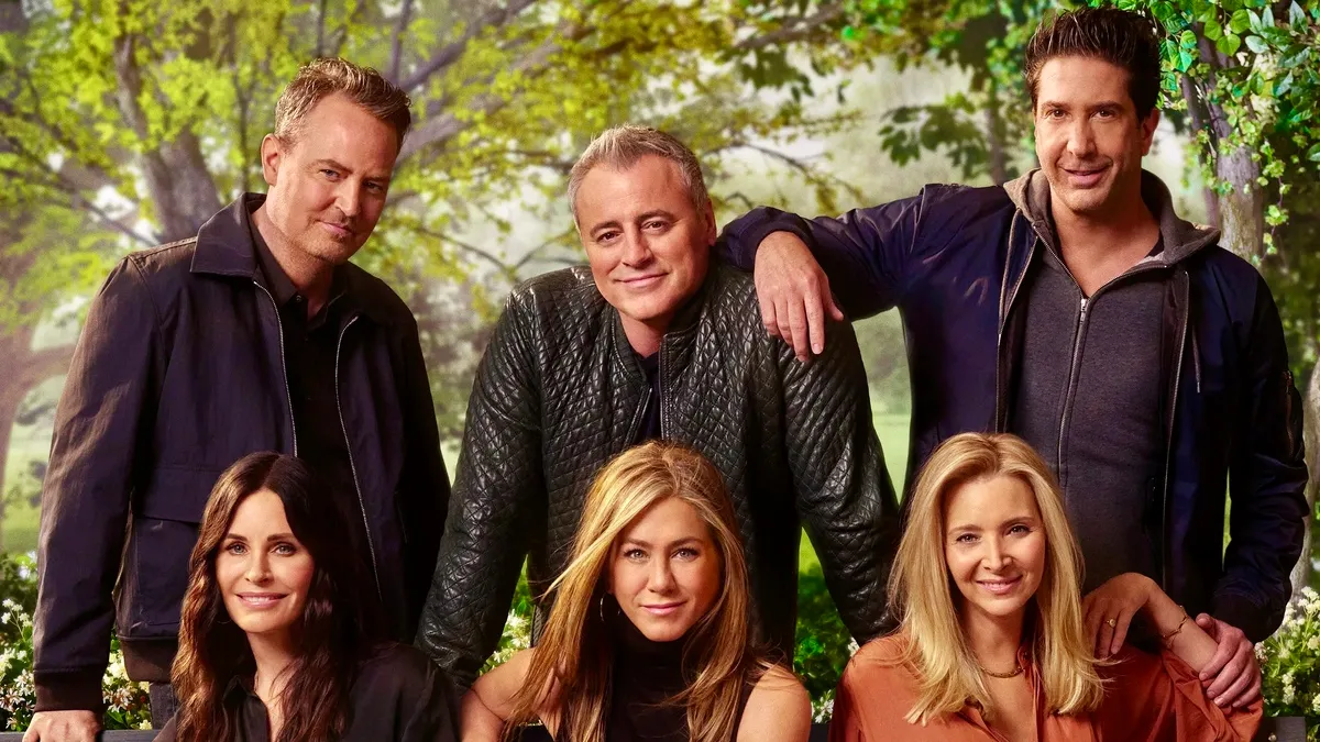 The cast of ‘Friends’ pose for a photo in a promo poster for the ‘Friends Reunion Special on Max.
