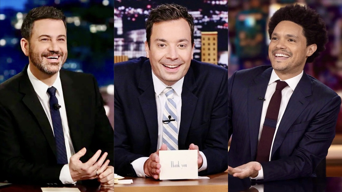 A split image of Jimmy Kimmel, Jimmy Fallon, and Trevor Noah on their respective late night shows.