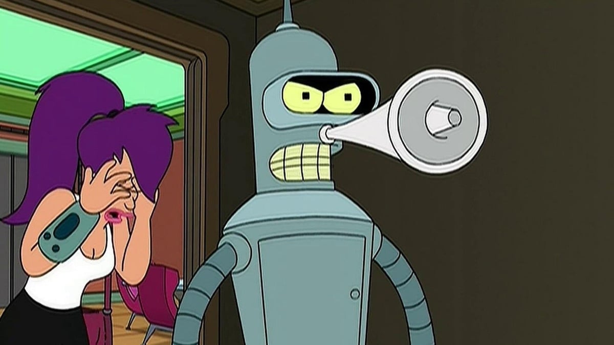 Bender with an air horn attached to his face on Futurama