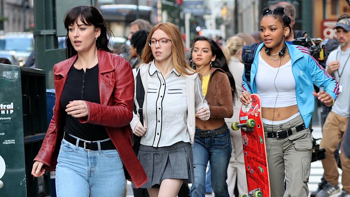 NEW YORK, NY - OCTOBER 11: Sydney Sweeney, Dakota Johnson, Isabela Merced and Celeste O'Connor are seen filming on the set of "Madame Web" on October 11, 2022 in New York City.