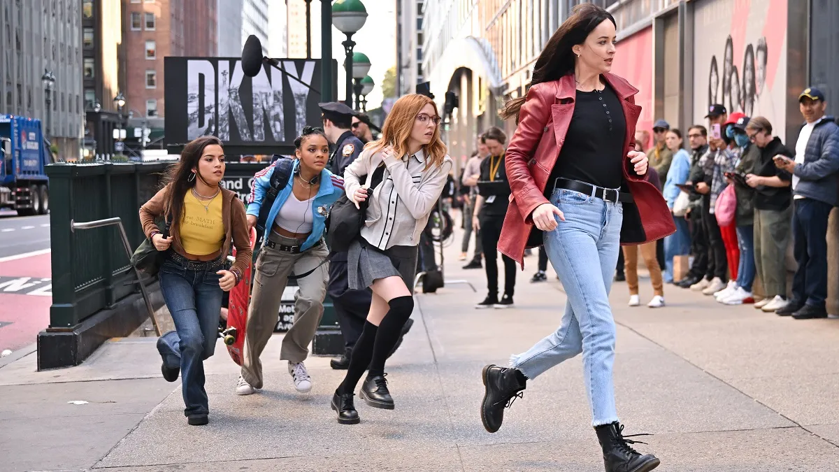 NEW YORK, NEW YORK - OCTOBER 11: Isabela Merced, Celeste O'Connor, Sydney Sweeney and Dakota Johnson are seen on the set of "Madame Web" on 42nd Street on October 11, 2022 in New York City.