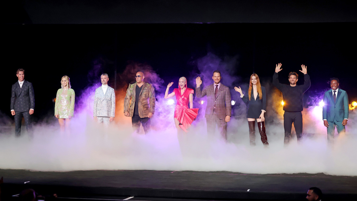 Will Poulter, Maria Bakalova, Sean Gunn, Vin Diesel, Pom Klementieff, Chris Pratt, Karen Gillan, Bradley Cooper, and Chukwudi Iwuji are seen onstage during the Guardians of the Galaxy Vol. 3 World Premiere at the Dolby Theatre in Hollywood, California