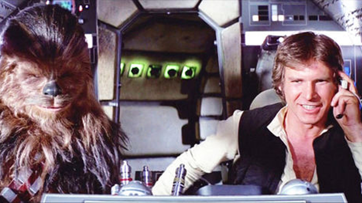 Han and Chewie piloting the Millennium Falcon 