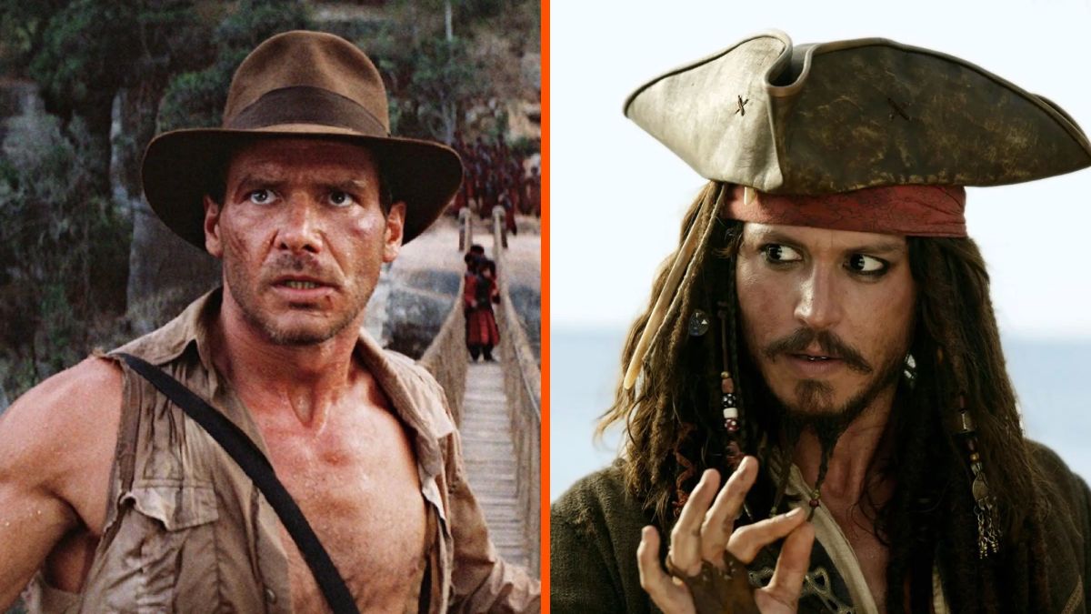 Harrison Ford as Indiana Jones (left) and Johnny Depp as Captain Jack Sparrow (right).