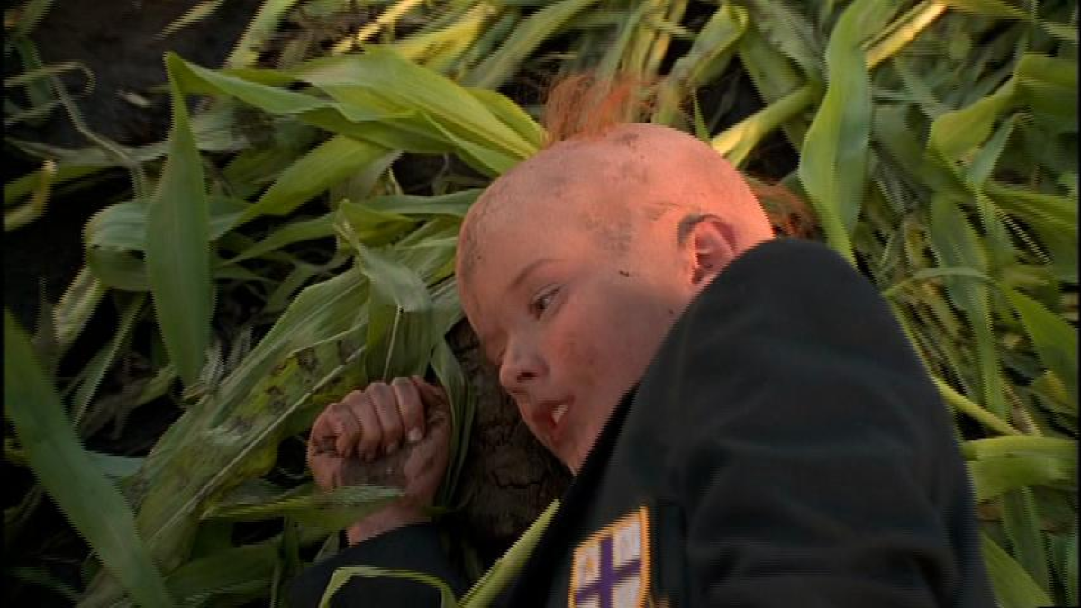 Young Lex Luthor lying hairless in a corn field