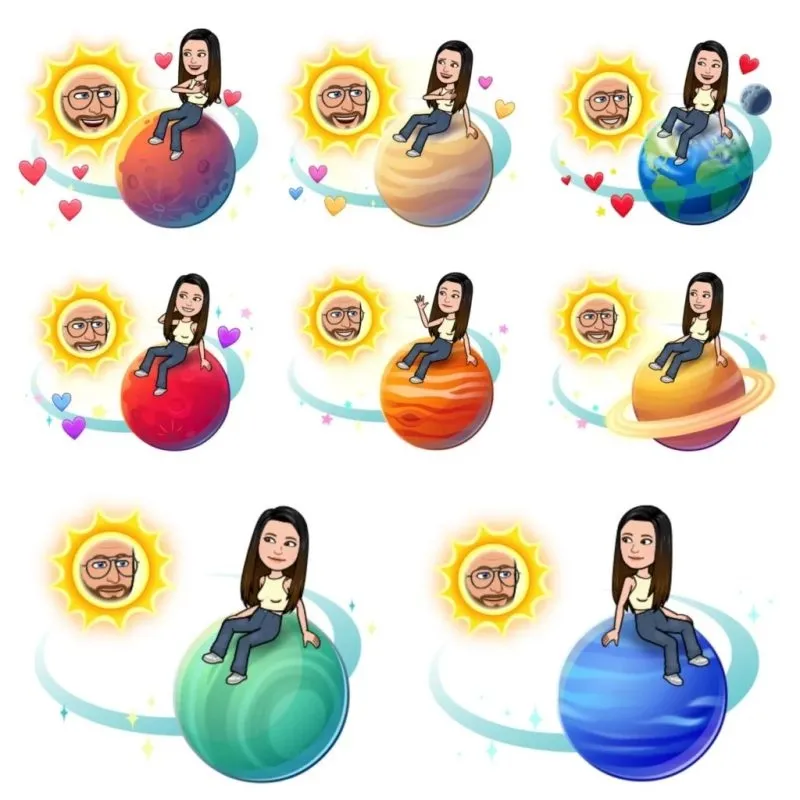 Multiple female bitmojis are sitting on different planets.