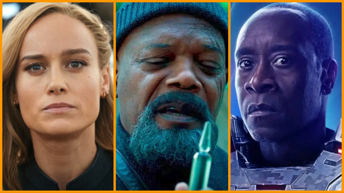 Brie Larson in 'The Marvels'/Samuel L. Jackson in 'Secret Invasion'/Don Cheadle in 'Avengers: Endgame'