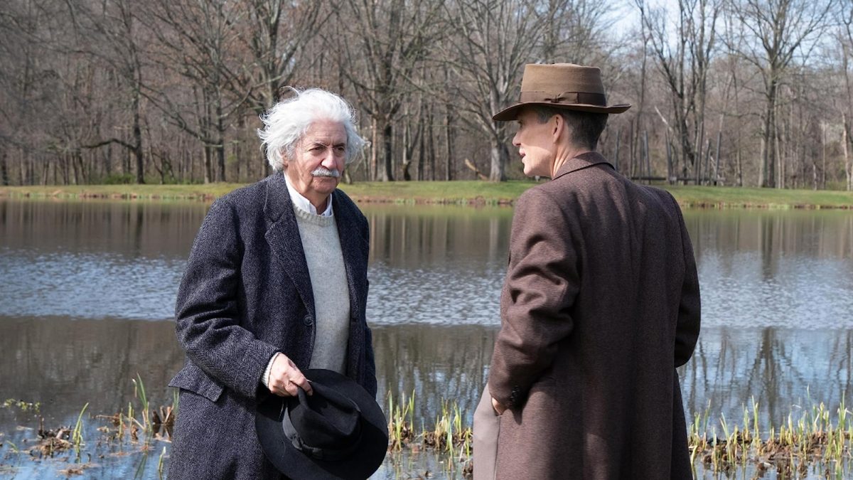 Albert Einstein and Robert J. Oppenheimer conversing in 'Oppenheimer'
