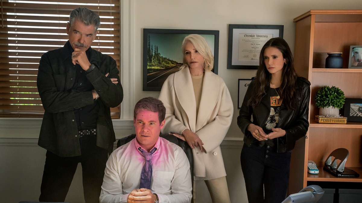 The Out-Laws. (L to R) Pierce Brosnan as Billy, Adam DeVine as Owen, Ellen Barkin as Lilly, Nina Dobrev as Parker in The Out-Laws.
