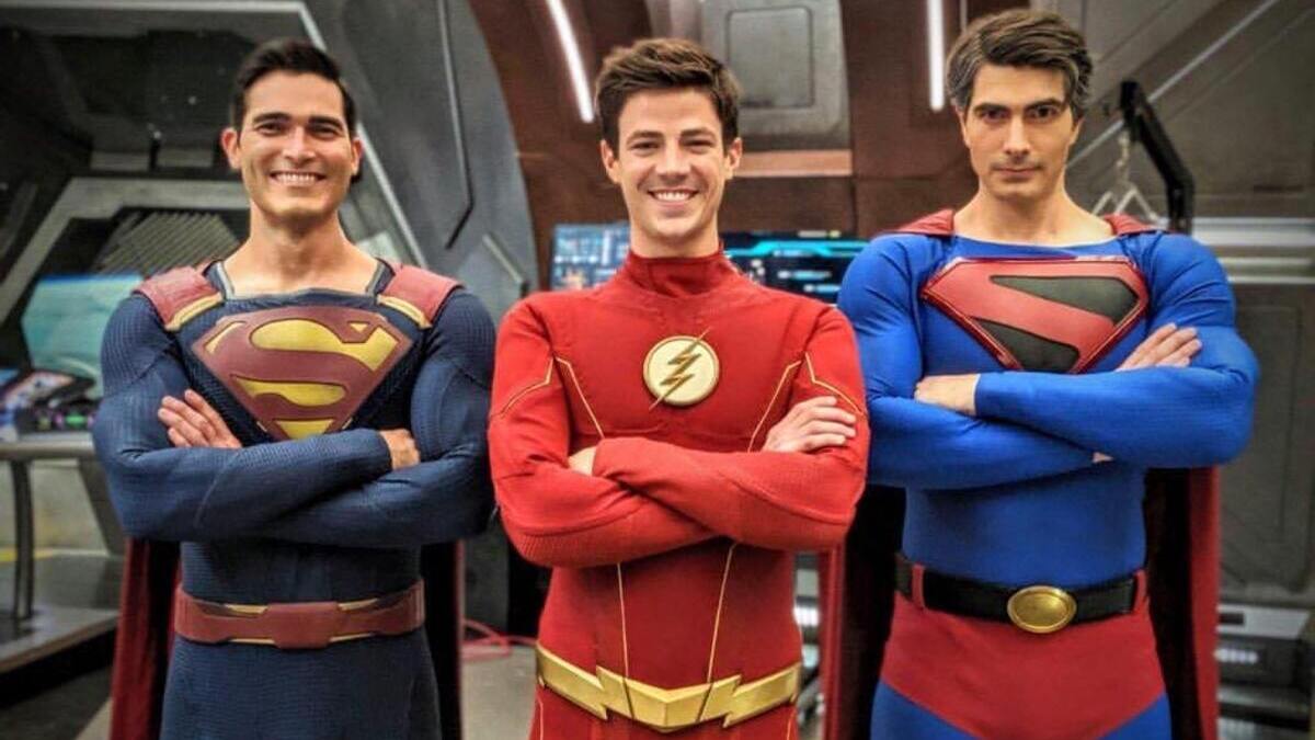 Tyler Hoechlin, Grant Gustin, and Brandon Routh on the set of The CW's 'Crisis on Infinite Earths'