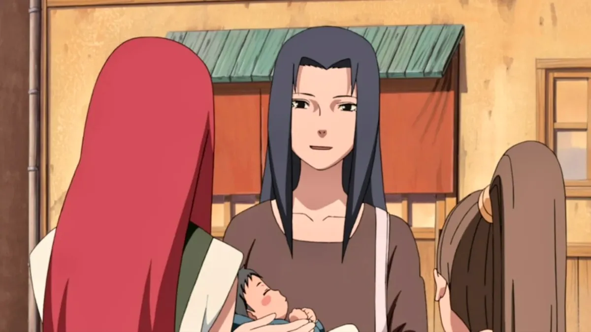 Mikoto Uchiha from the anime ‘Naruto Shippuden’ holding baby Sasuke.