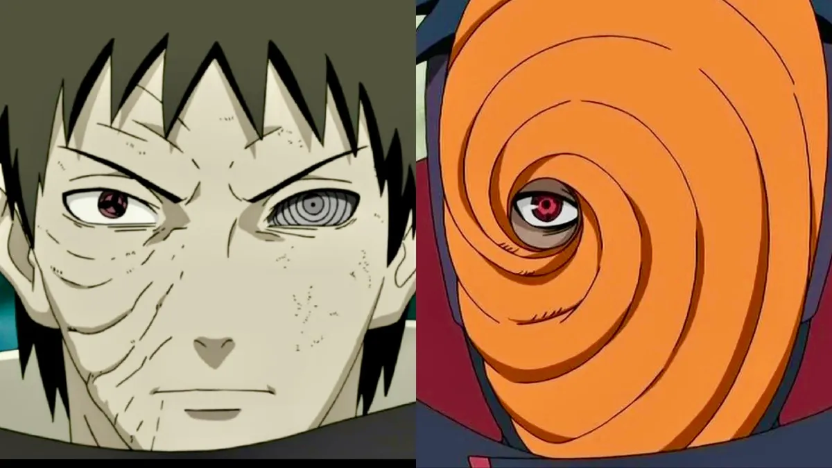 A side by side split image of Obito Uchiha and Tobi from the Naruto anime