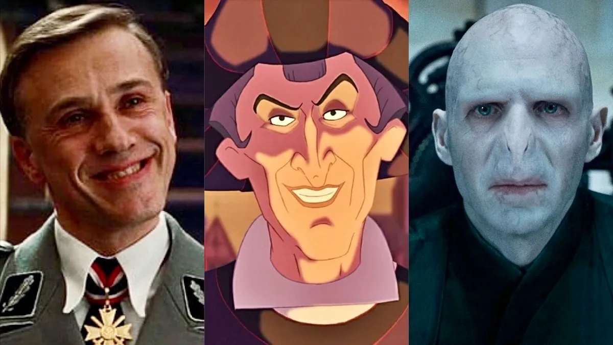 A split image of Hans Landa smiling, Claude Frollo smiling, and Voldemort scowling.