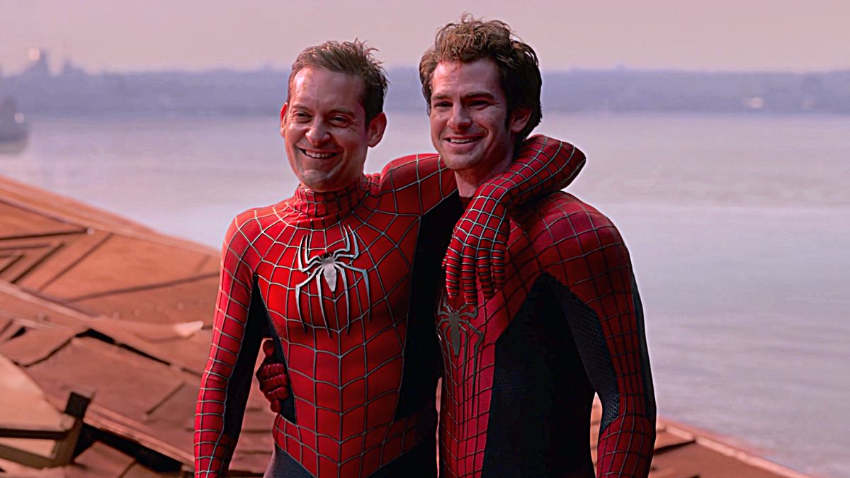 Tobey Maguire (L) and Andrew Garfield (R) as Peter 2 and Peter 3 in Marvel's 'Spider-Man: No Way Home'.