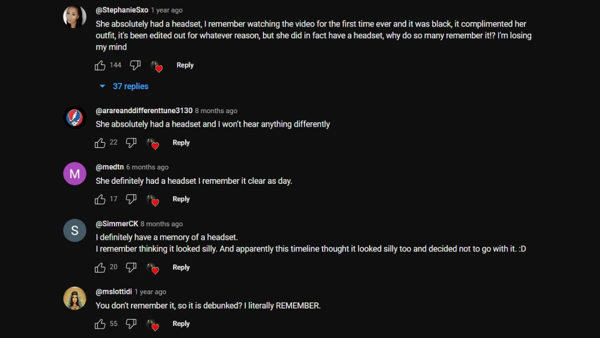 Screengrab of comments made under a YouTube video about the Britney Spears "Oops!... I Did It Again" music video Mandela Effect