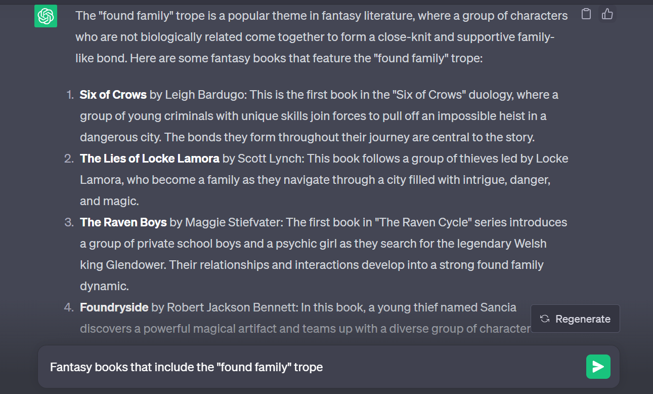 ChatGPT list of fantasy books with the found family trope screengrab