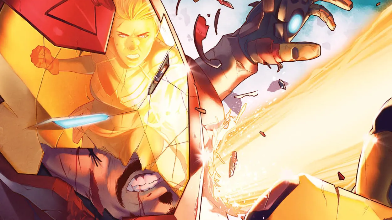 Iron Man getting punched by Captain Marvel on the cover of "Civil War II" number 0.