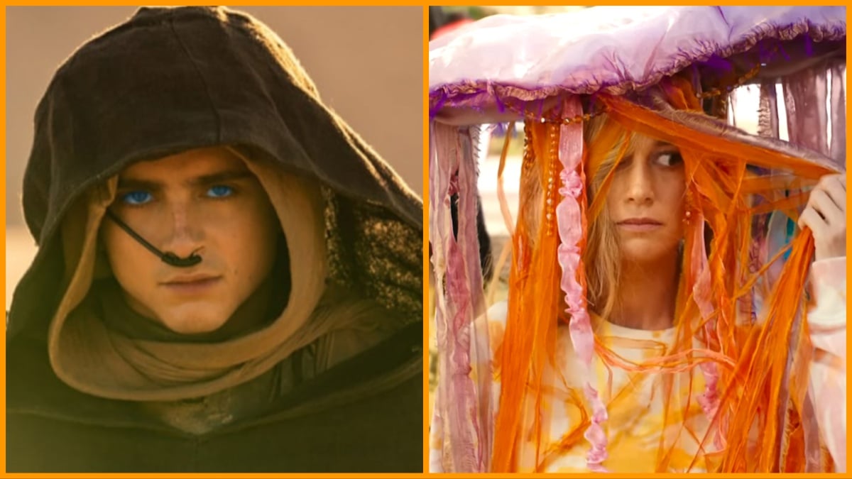 Timothee Chalamet como Paul Atreides em 'Duna: Parte Dois' e Brie Larson como Capitão Marvel em 'The Marvels'