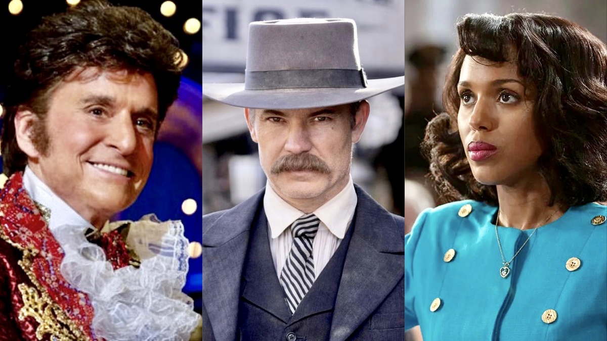 A split image of Michael Douglas as Liberace smiling, Timothy Olymphant as Seth Bullock staring straight at the camera, and Kerry Washington as Anita Hill swearing an oath.