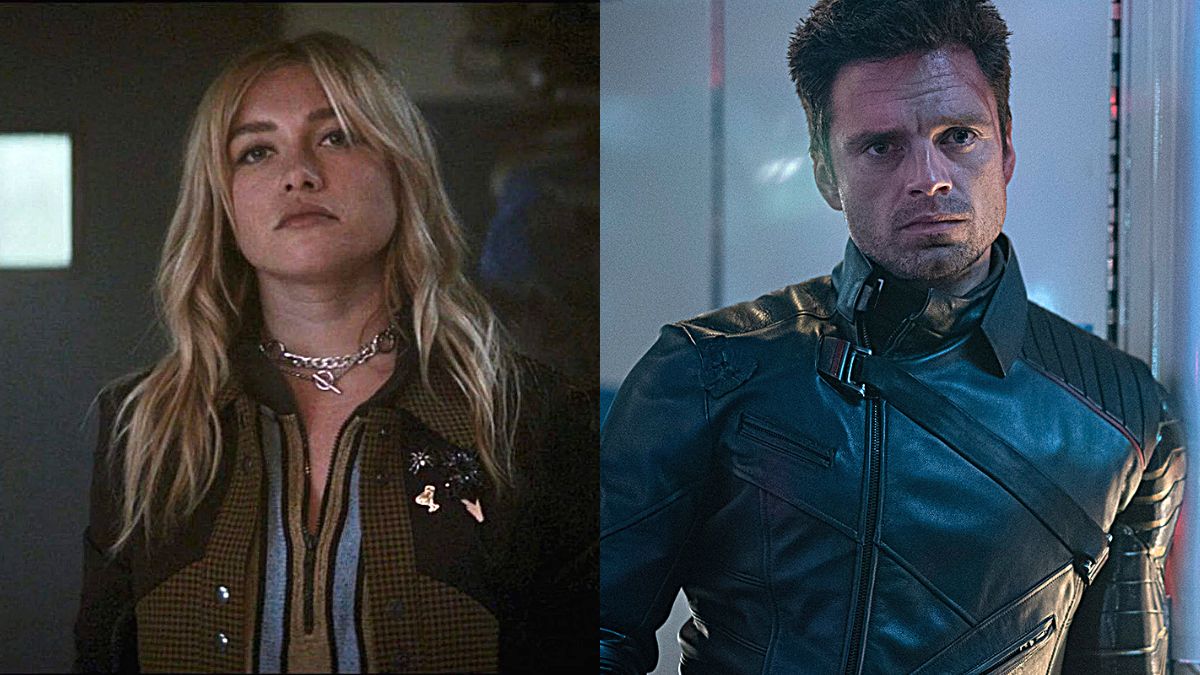 Side by side photo montage of Florence Pugh as Yelena Belova and Sebastian Stan as Bucky Barnes in the Marvel Cinematic Universe.