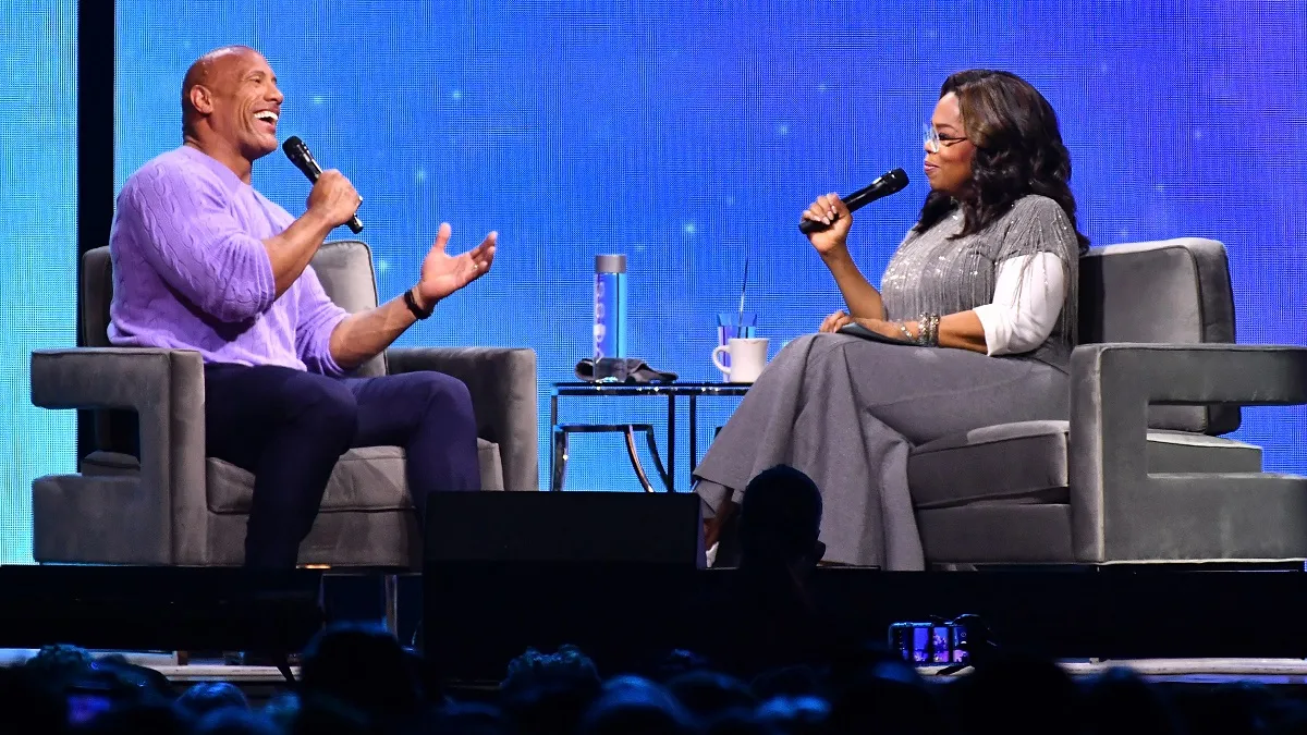 ATLANTA, GEORGIA - JANUARY 25: (EXCLUSIVE COVERAGE) Dwayne Johnson and Oprah Winfrey onstage during Oprah's 2020 Vision: Your Life in Focus Tour presented by WW (Weight Watchers Reimagined) at State Farm Arena on January 25, 2020 in Atlanta, Georgia.