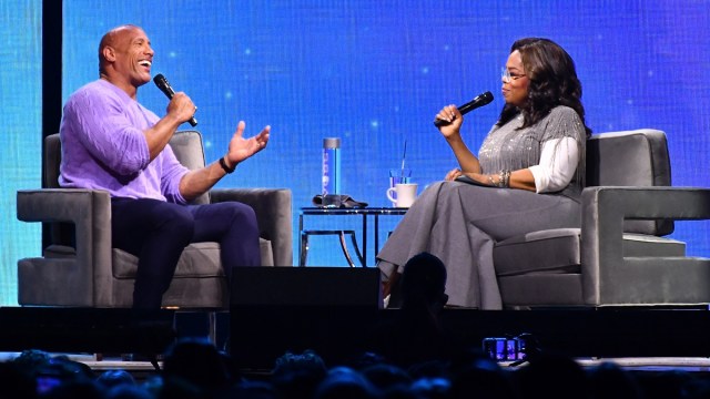 ATLANTA, GEORGIA - JANUARY 25: (EXCLUSIVE COVERAGE) Dwayne Johnson and Oprah Winfrey onstage during Oprah's 2020 Vision: Your Life in Focus Tour presented by WW (Weight Watchers Reimagined) at State Farm Arena on January 25, 2020 in Atlanta, Georgia.
